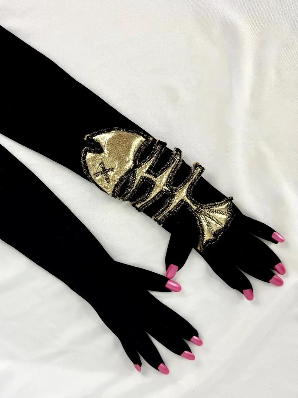 Halloween Costume Black Gloves w Pink Fake Nails Fish Bones Skeleton Flawed